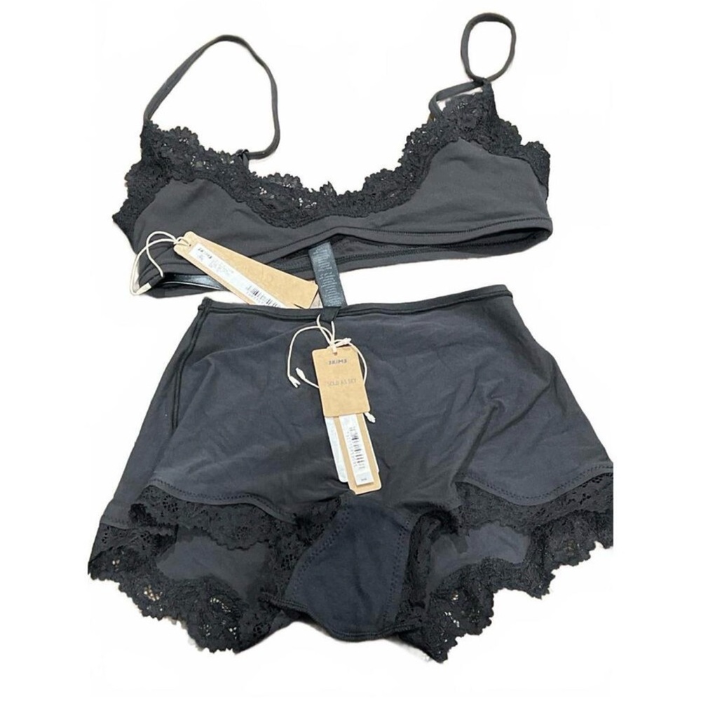SKIMS Black Lace Trim Bra Set